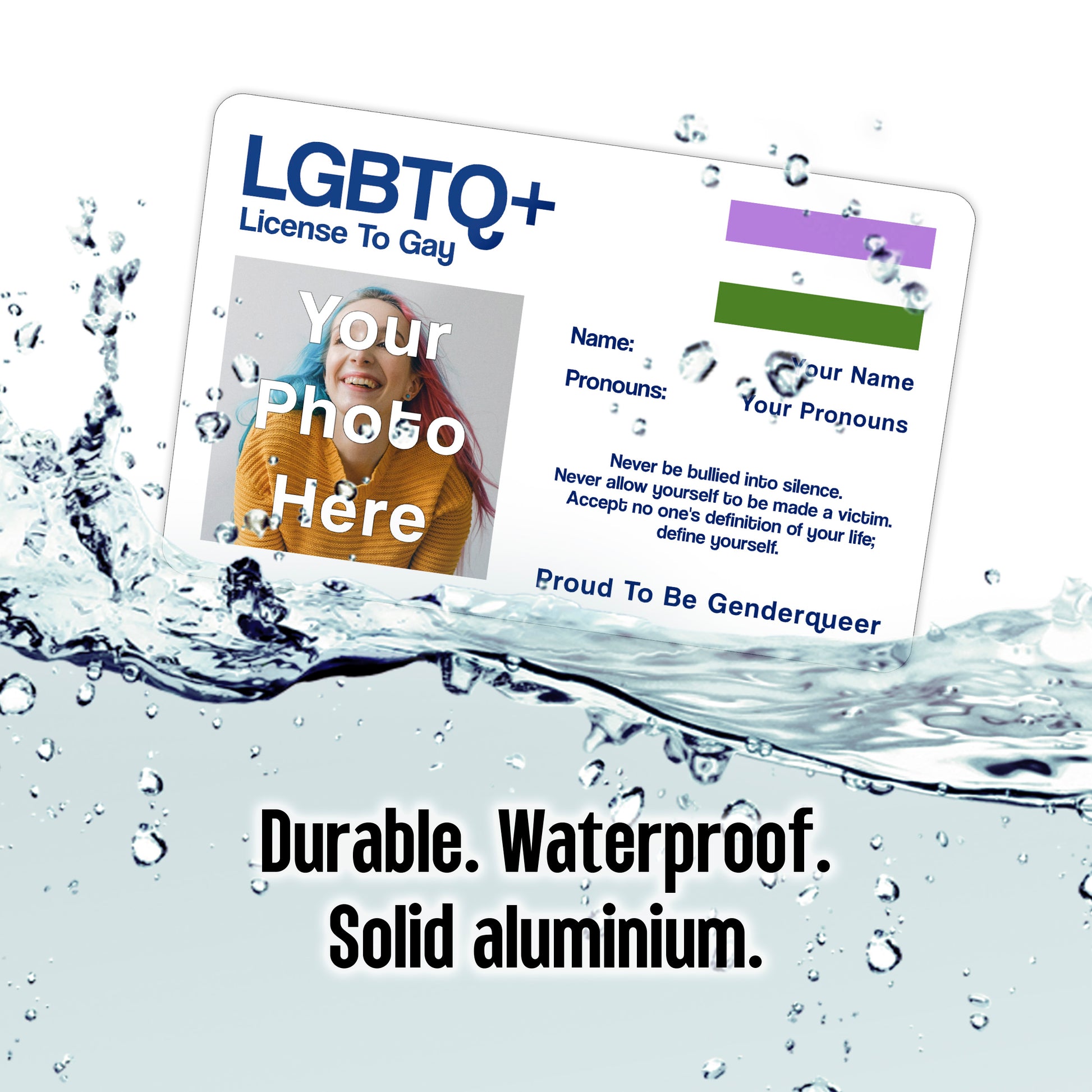 Genderqueer license to gay aluminium wallet card personalised with your name, pronouns and photo.