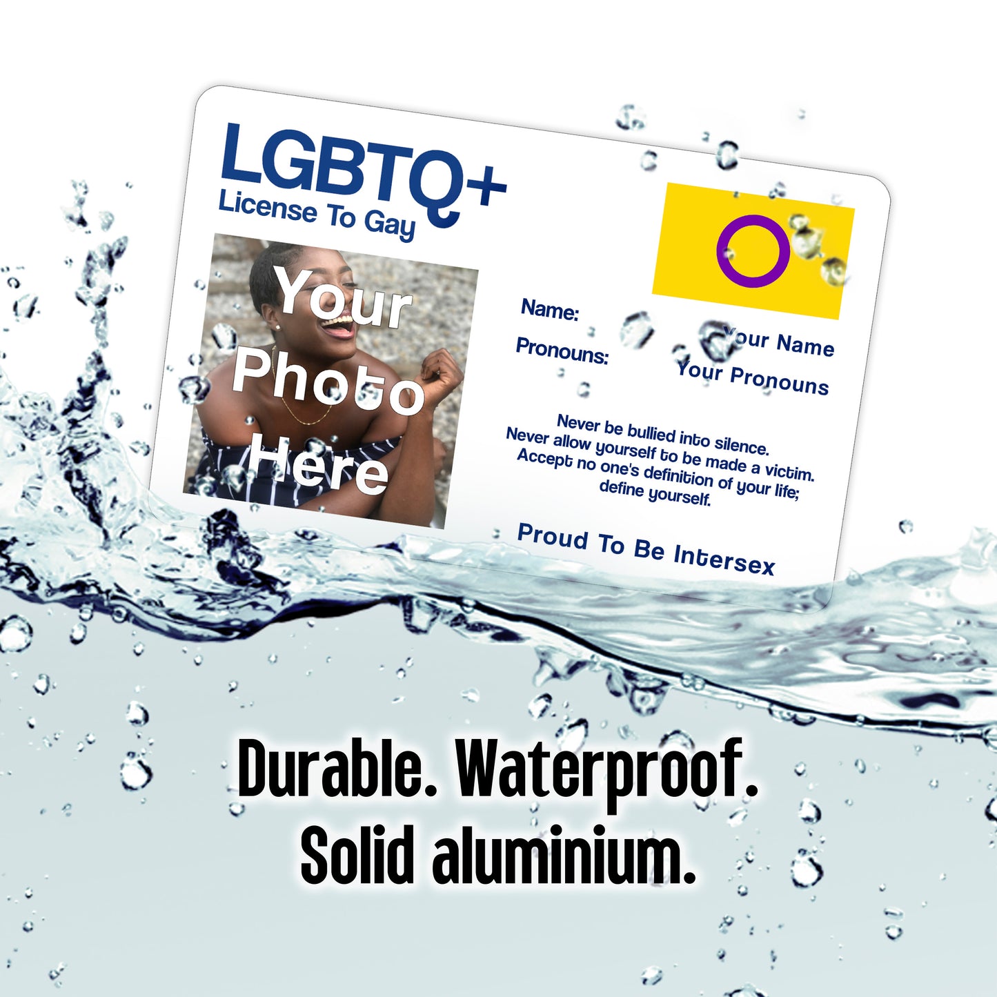 Intersex license to gay aluminium card personalised with your name, pronouns, and photo