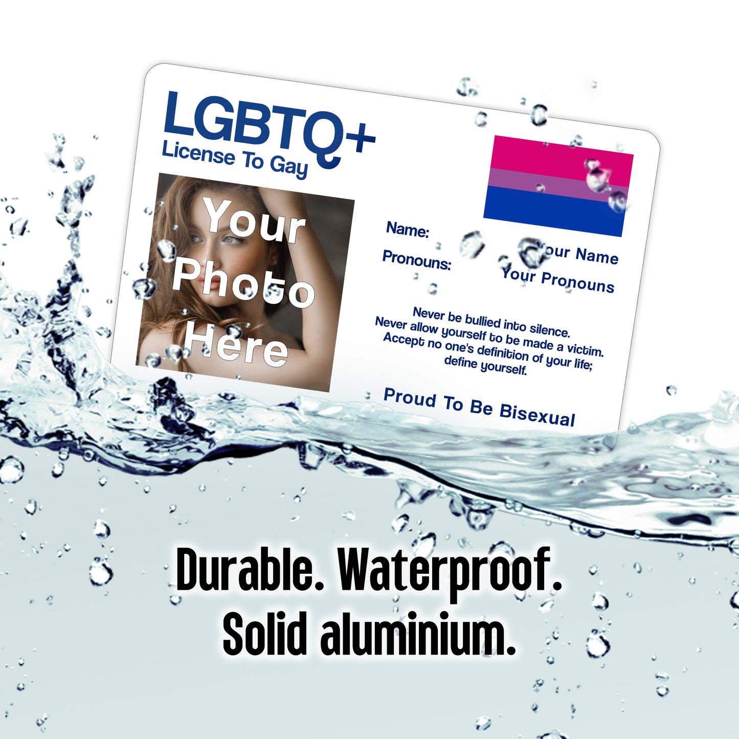 License to Gay personalised aluminium wallet card with your name, pronouns, photo, and the bisexual pride flag