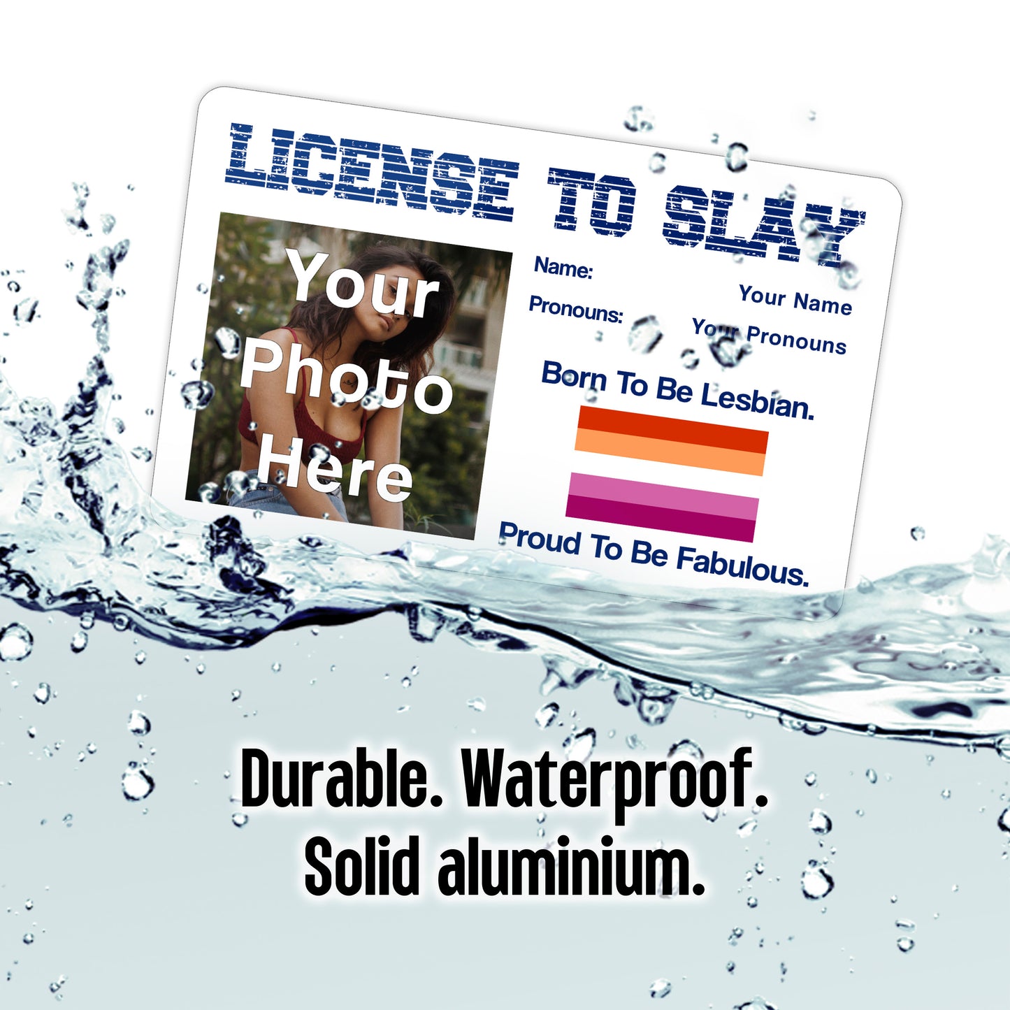 License to slay aluminium wallet card personalised with your name pronouns photo and the lesbian pride flag