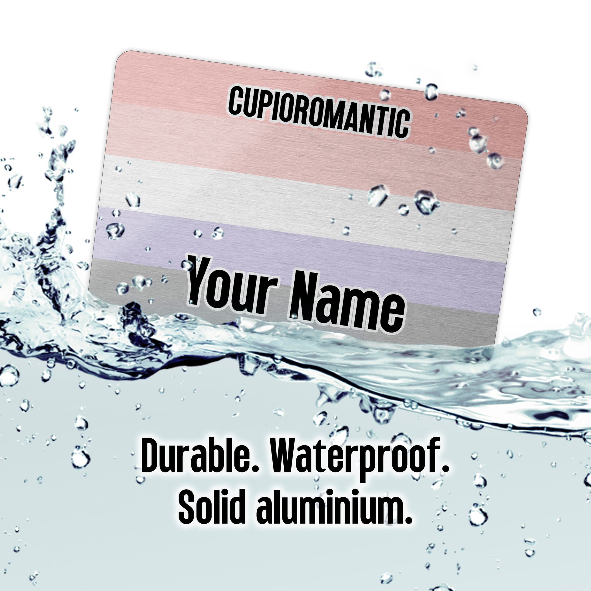 Aluminium wallet card personalised with your name and the cupioromantic pride flag