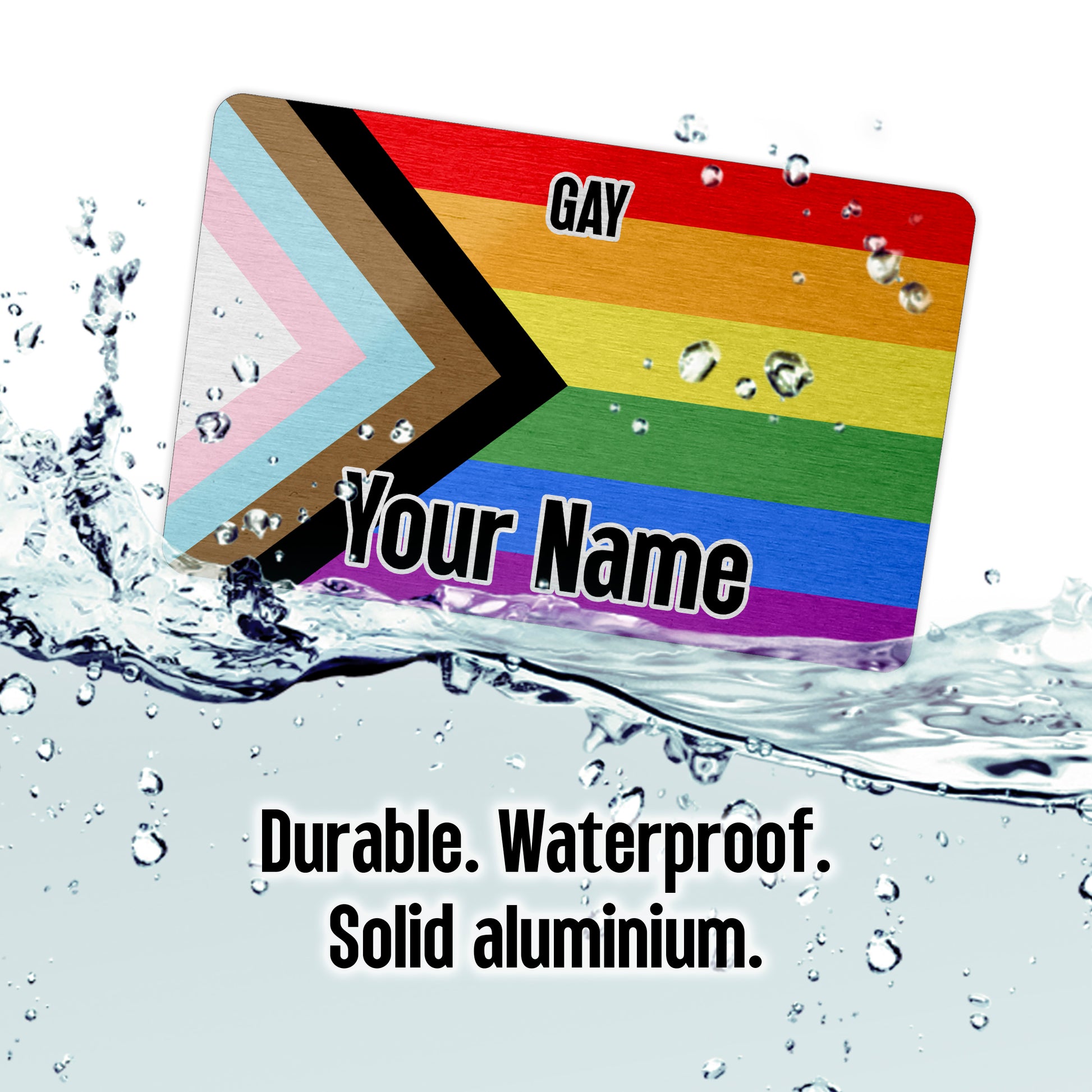 Aluminium metal wallet card personalised with your name and the gay progress pride flag
