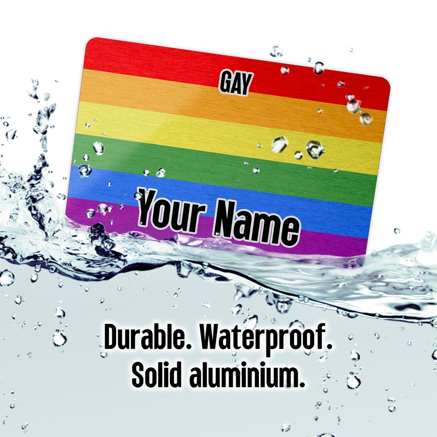 Aluminium metal wallet card personalised with your name and the classic rainbow gay pride flag