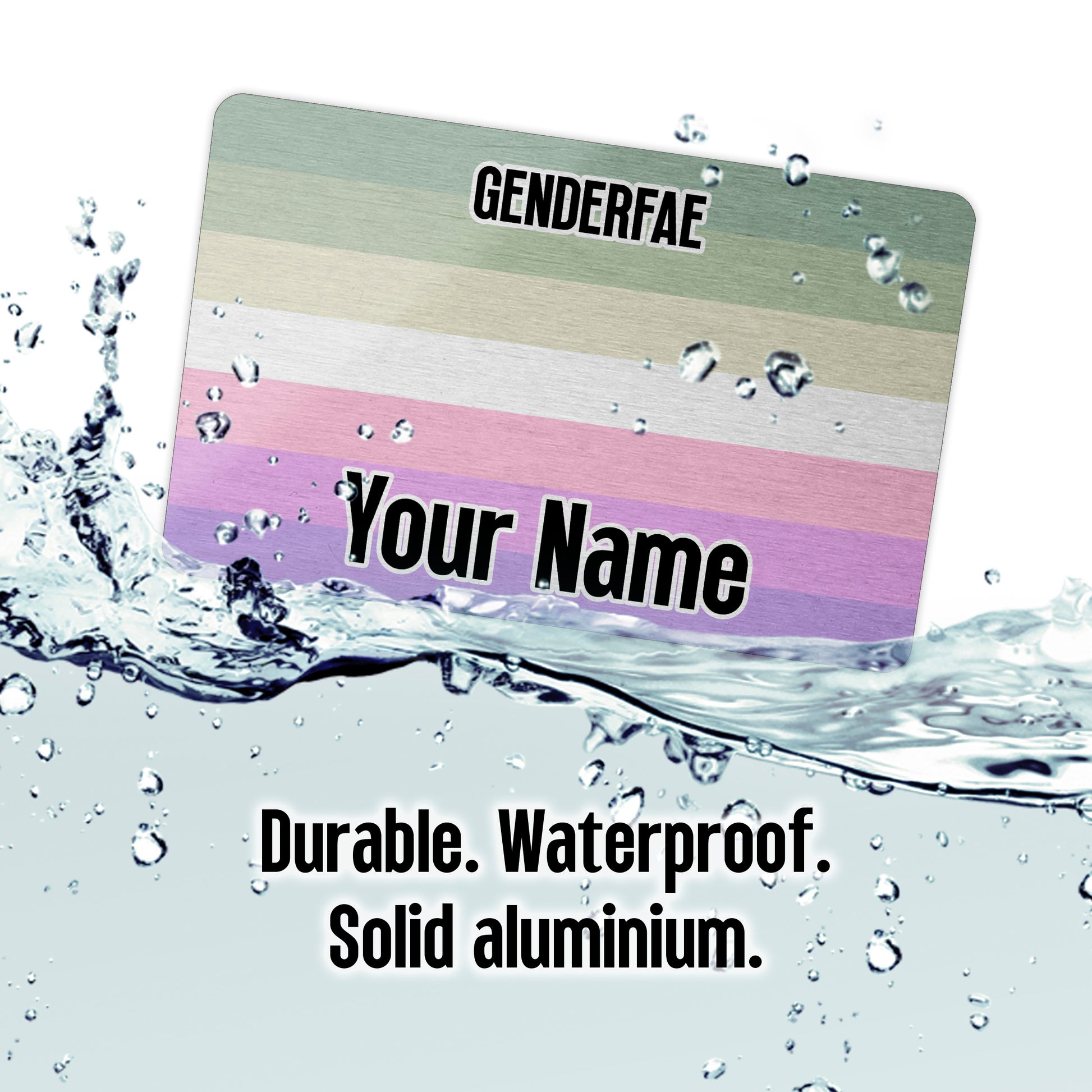 Aluminium wallet card personalised with your name and the genderfae pride flag