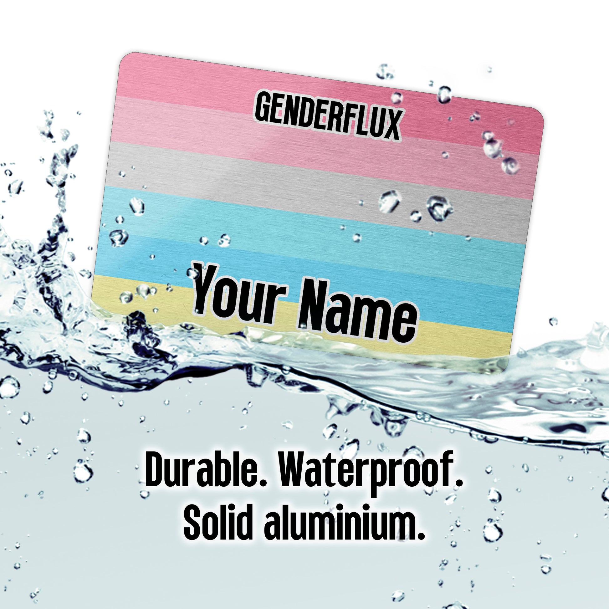 Aluminium wallet card personalised with your name and the genderflux pride flag