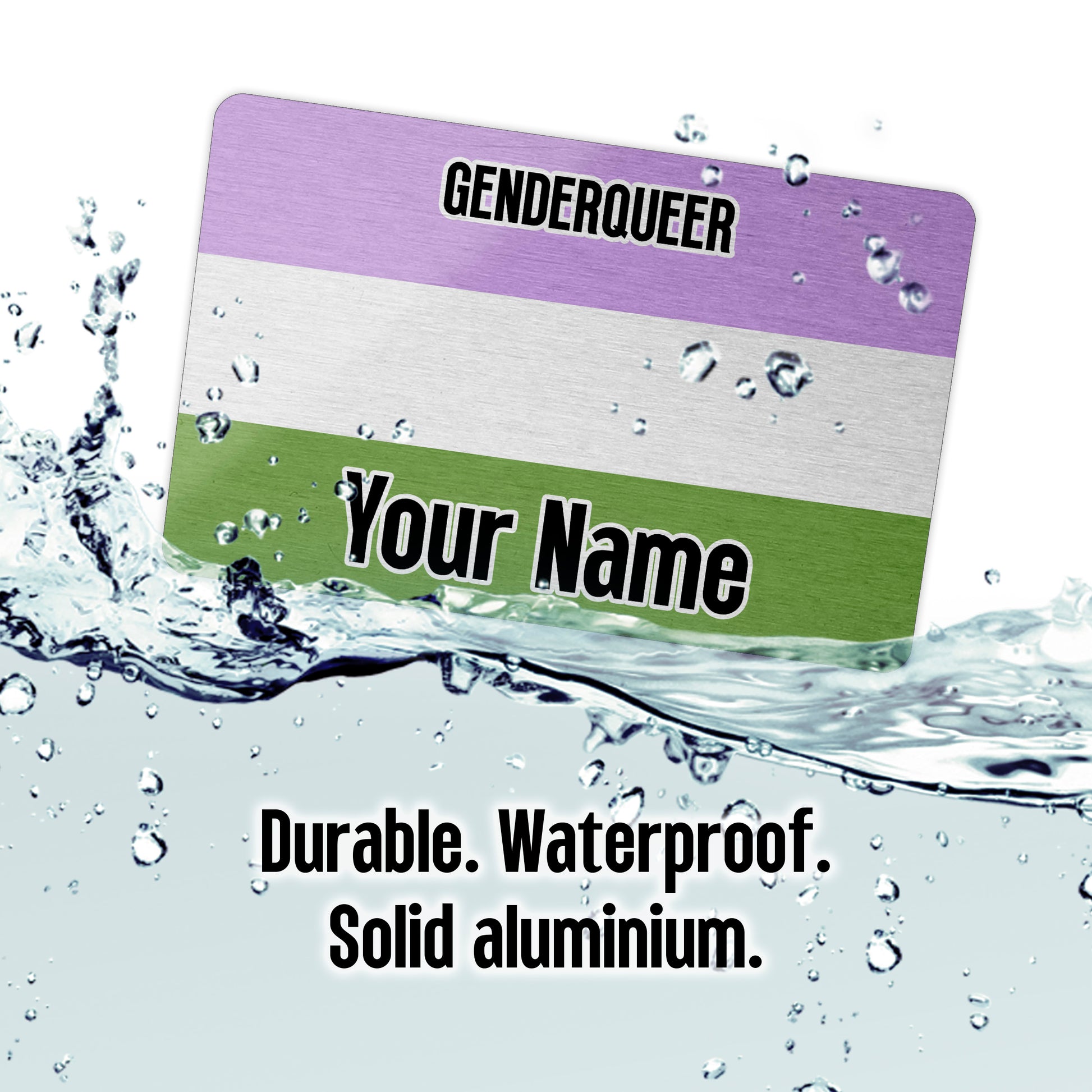 Aluminium wallet card personalised with your name and the genderqueer pride flag