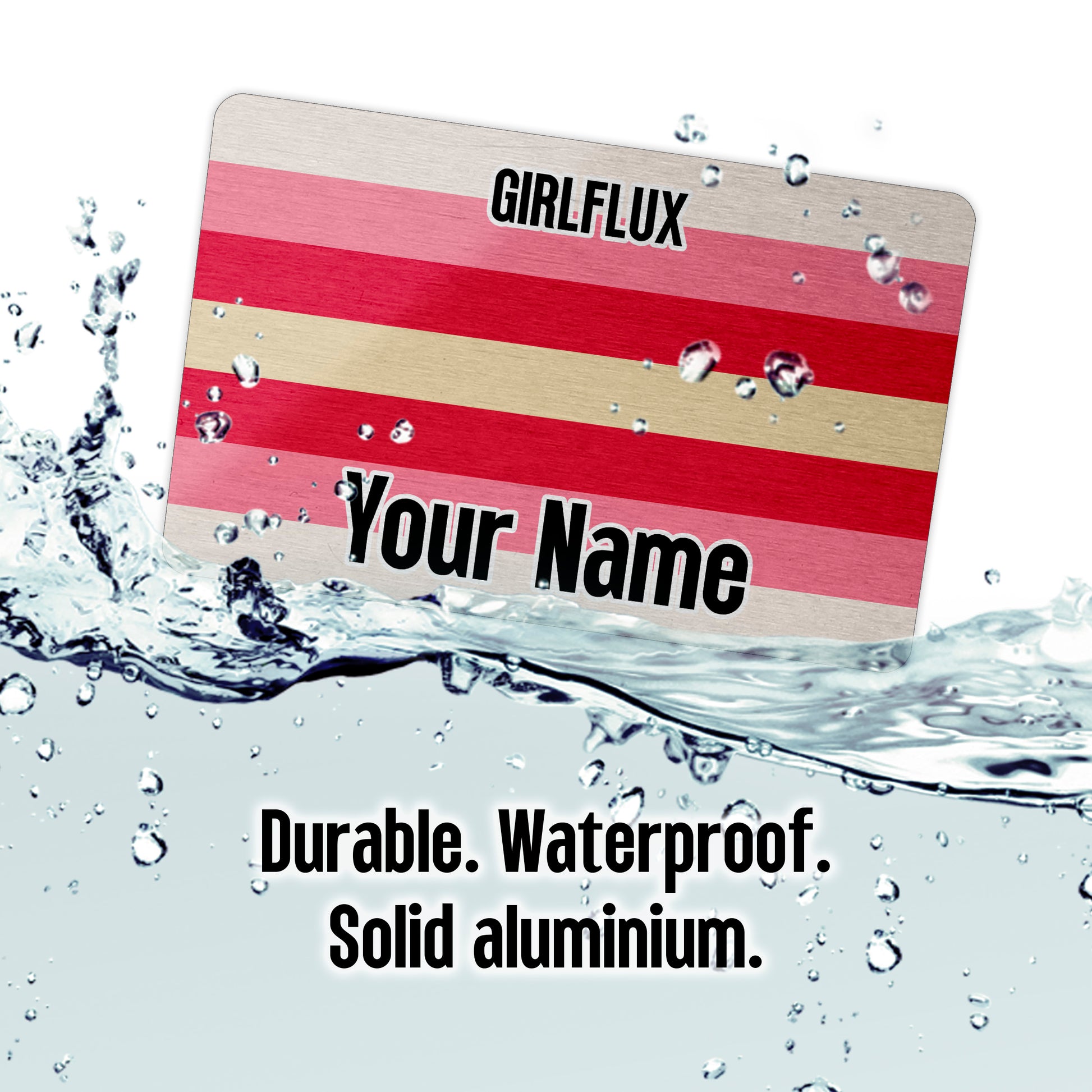 Aluminium wallet card personalised with your name and the girlflux pride flag
