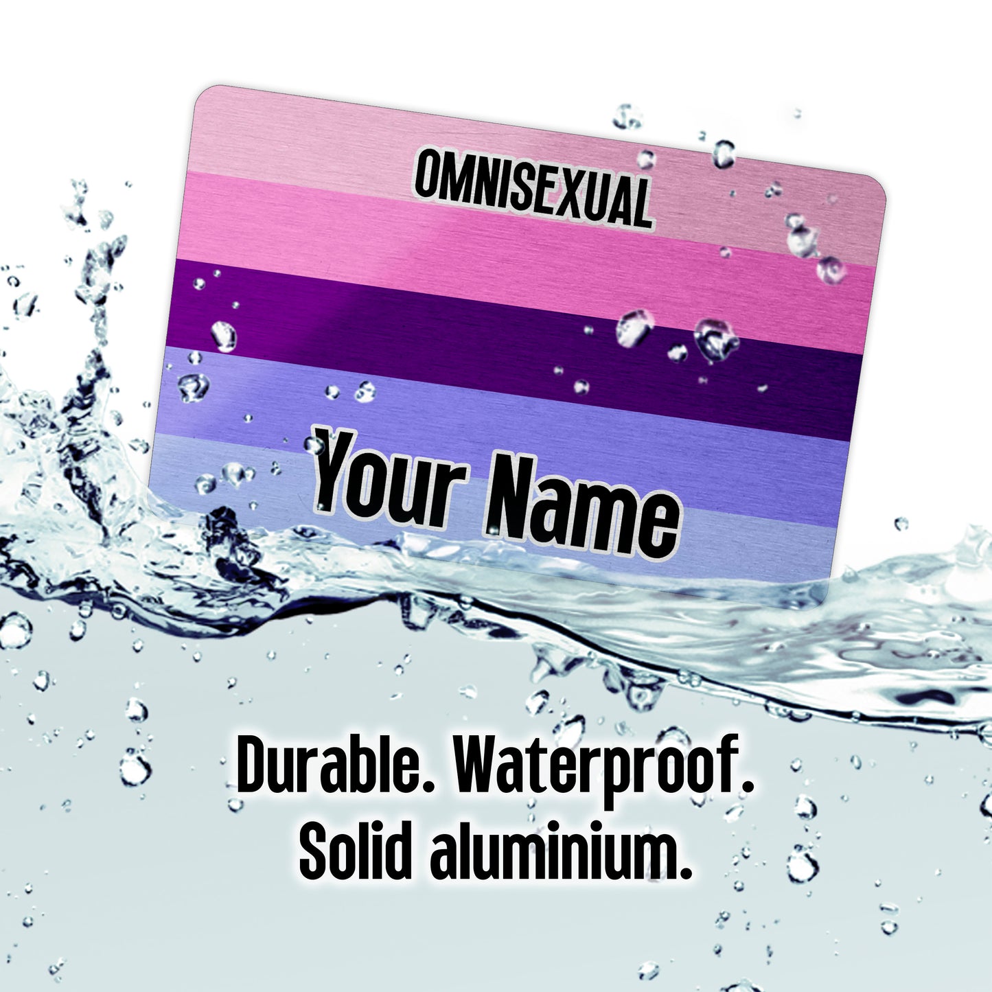 Aluminium wallet card personalised with your name and the omnisexual pride flag