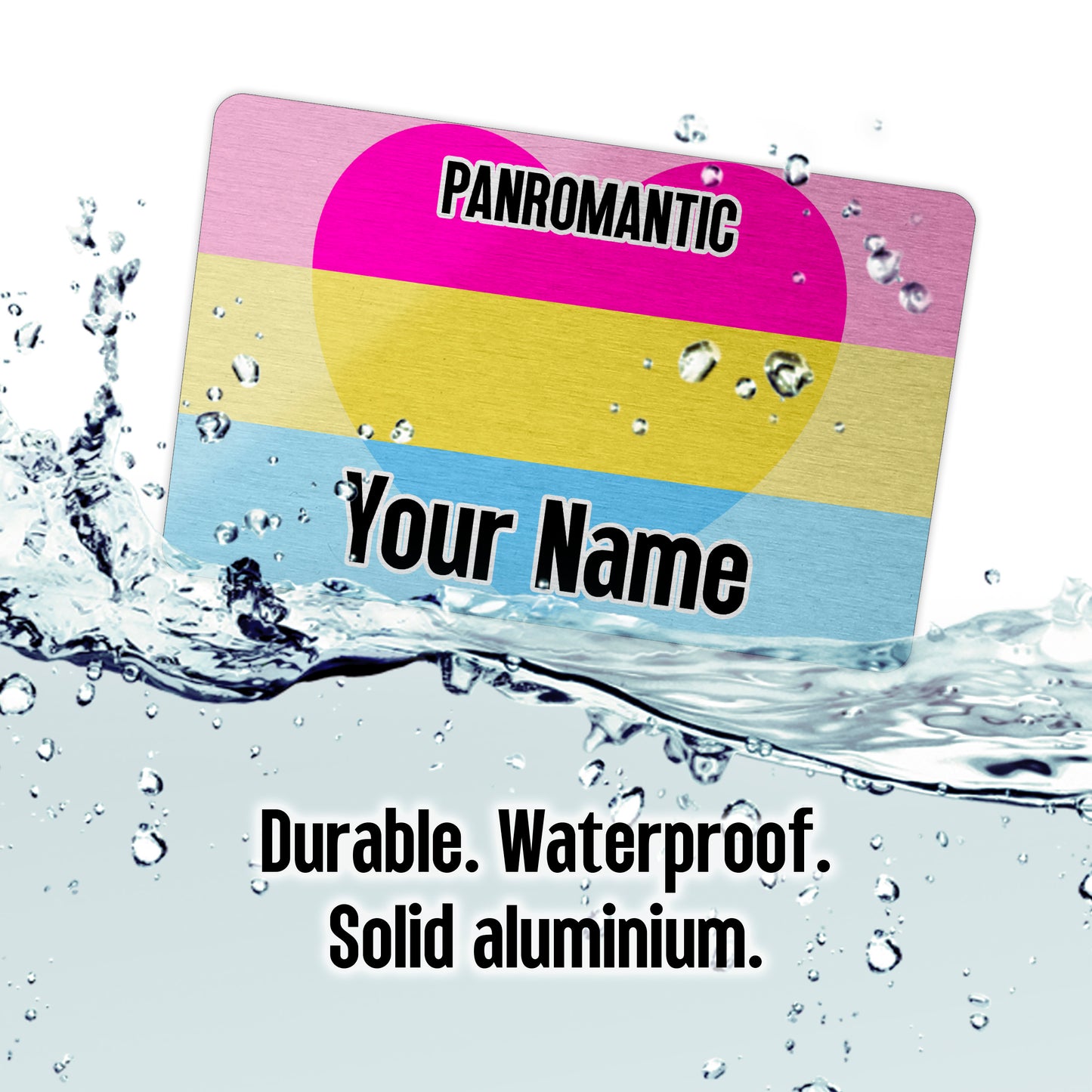 Aluminium wallet card personalised with your name and the panromantic pride flag