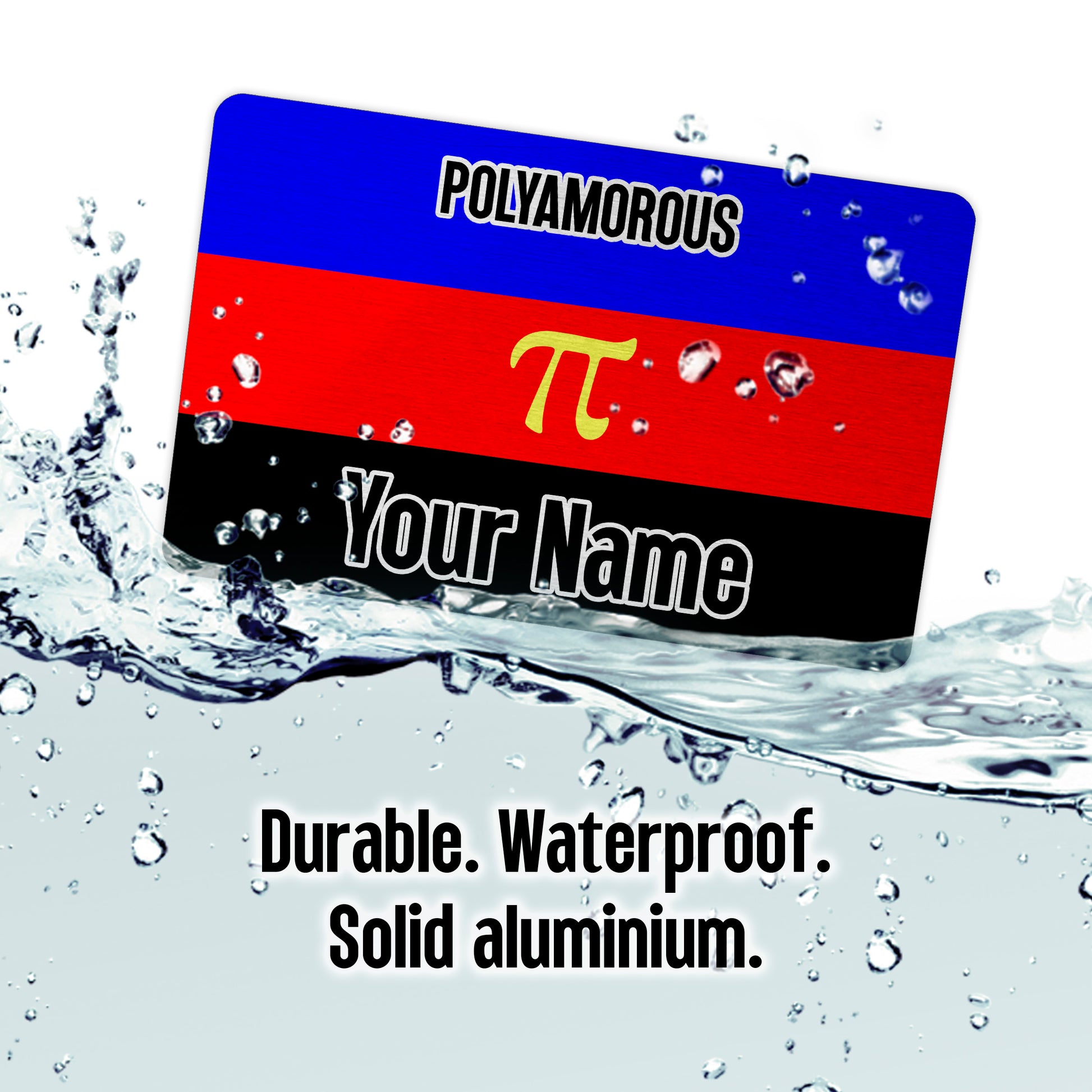 aluminium wallet card personalised with your name and the polyamorous pride flag (pi symbol version)