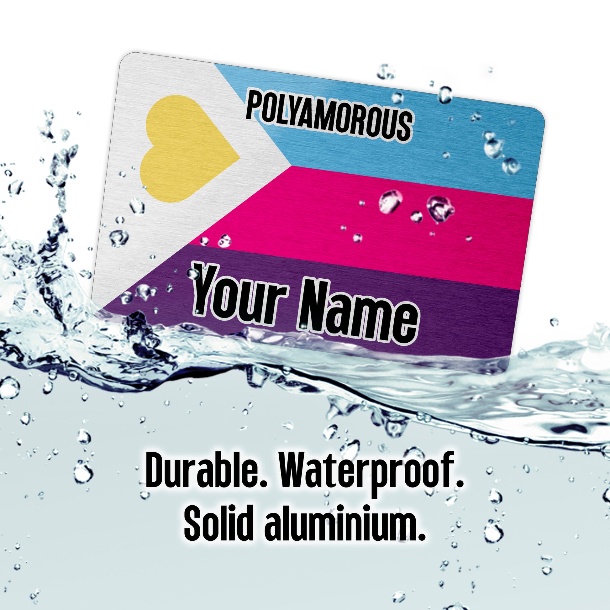 Aluminium wallet card personalised with your name and the new polyamorous pride flag tricolour version
