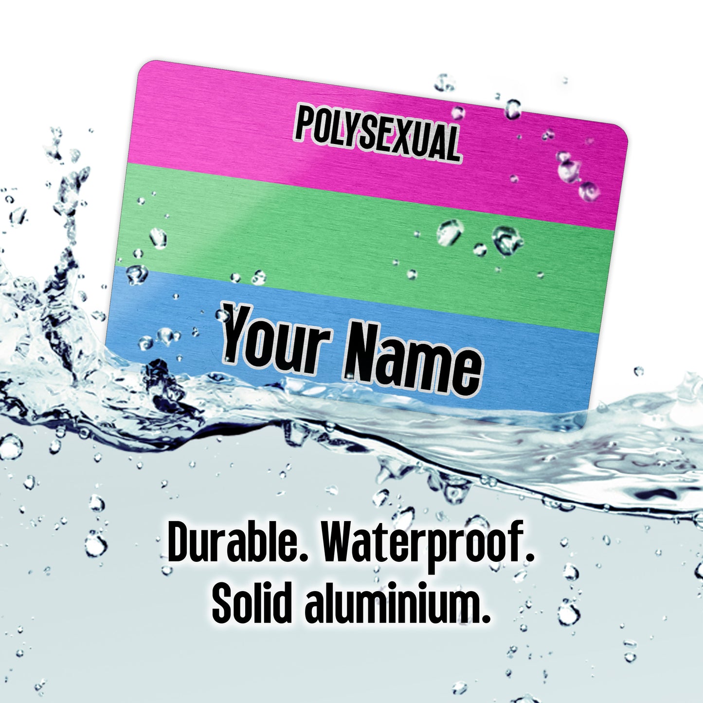 Aluminium wallet card personalised with your name and the polysexual pride flag