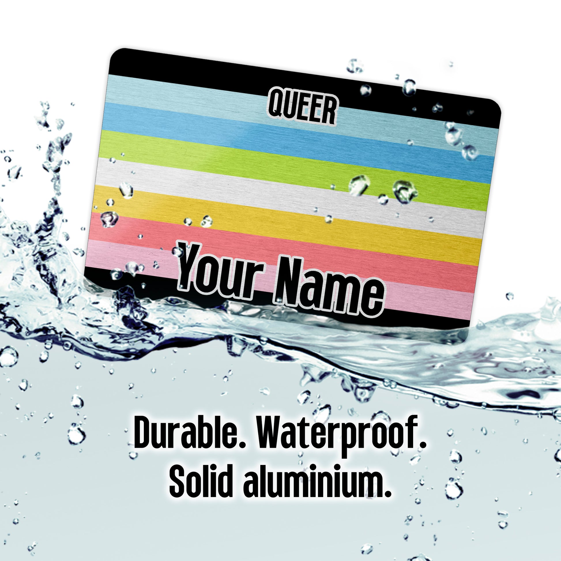 Aluminium metal wallet card personalised with your name and the queer pride flag