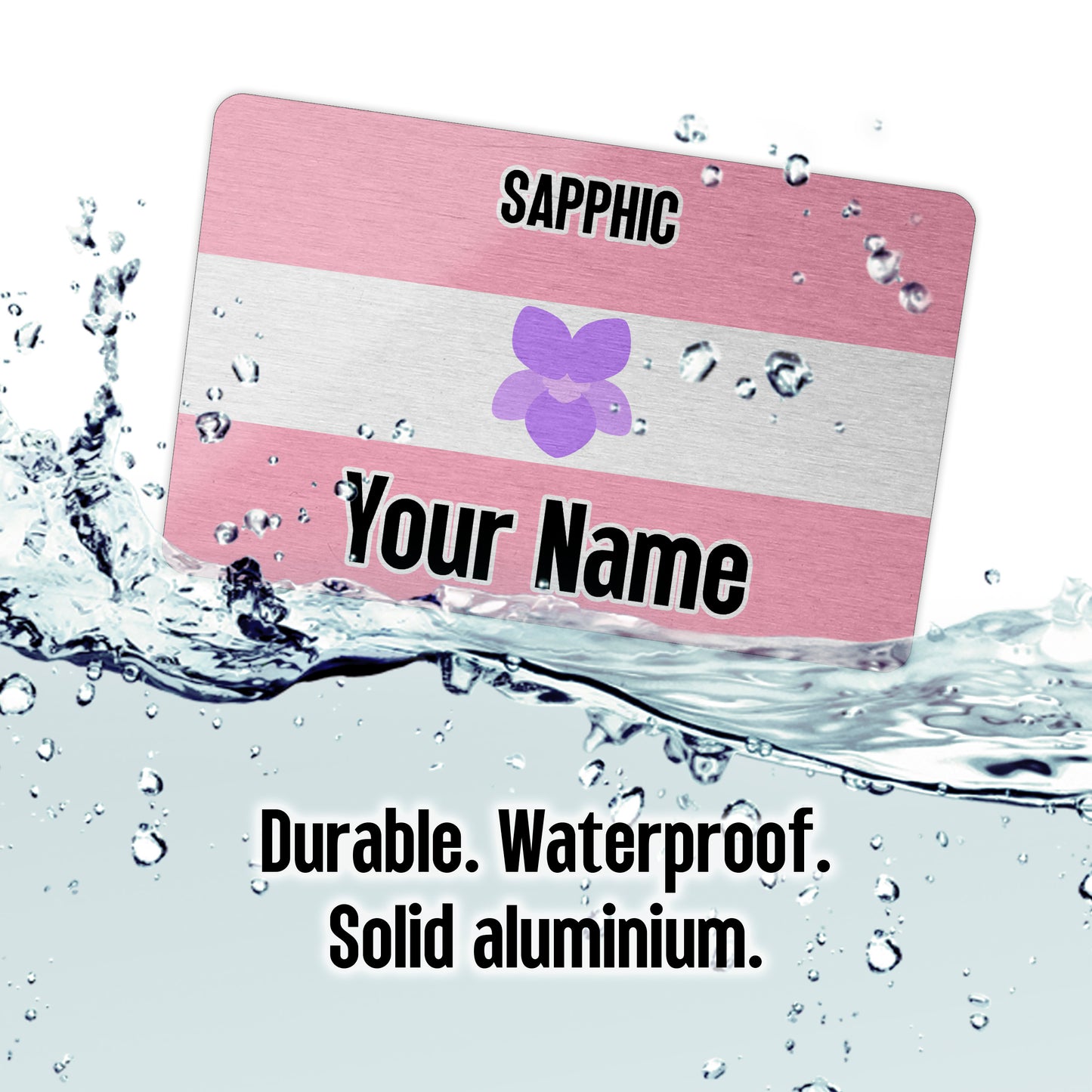 Aluminium metal novelty wallet card personalised with your name and the sapphic pride flag