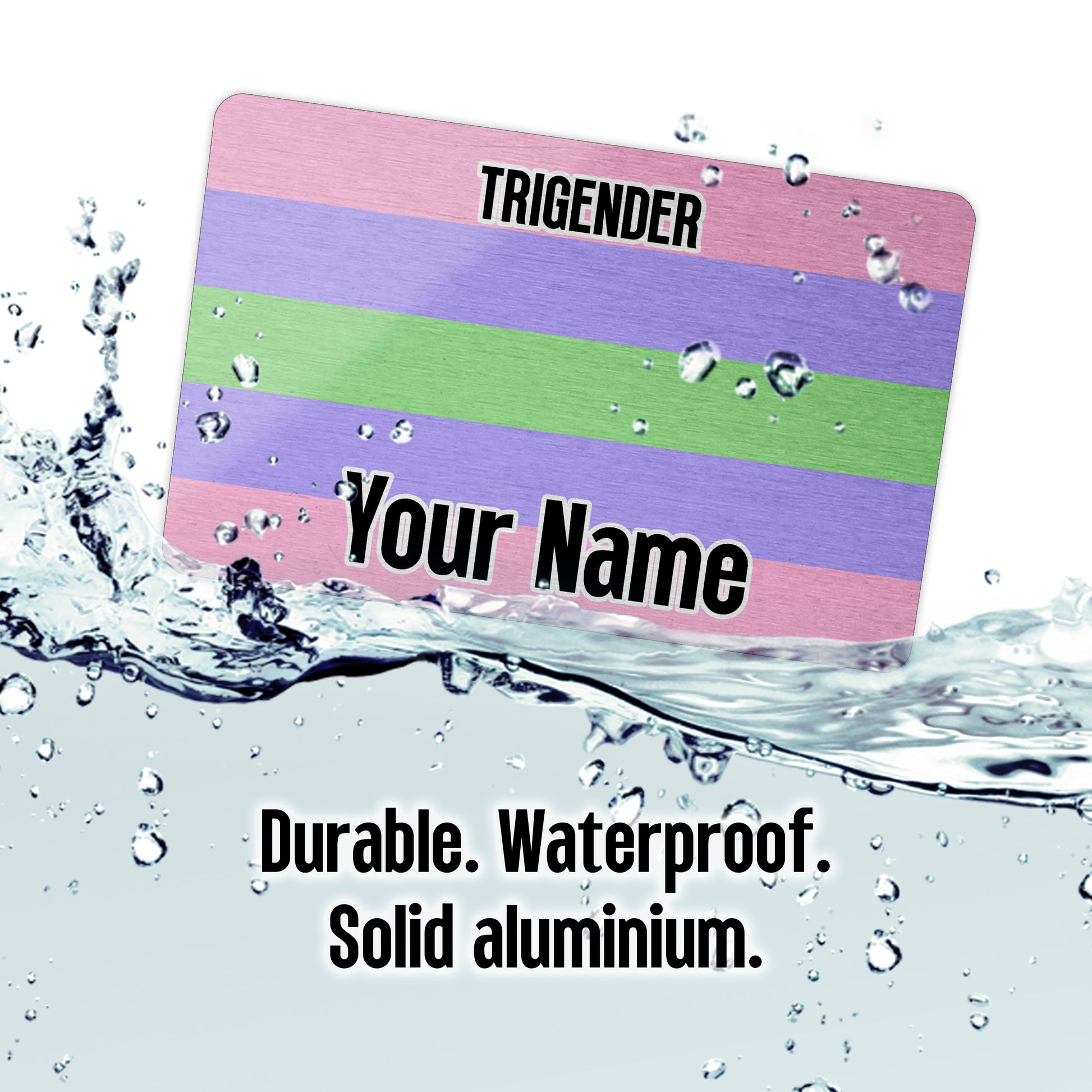 Aluminium wallet card personalised with your name and the trigender pride flag