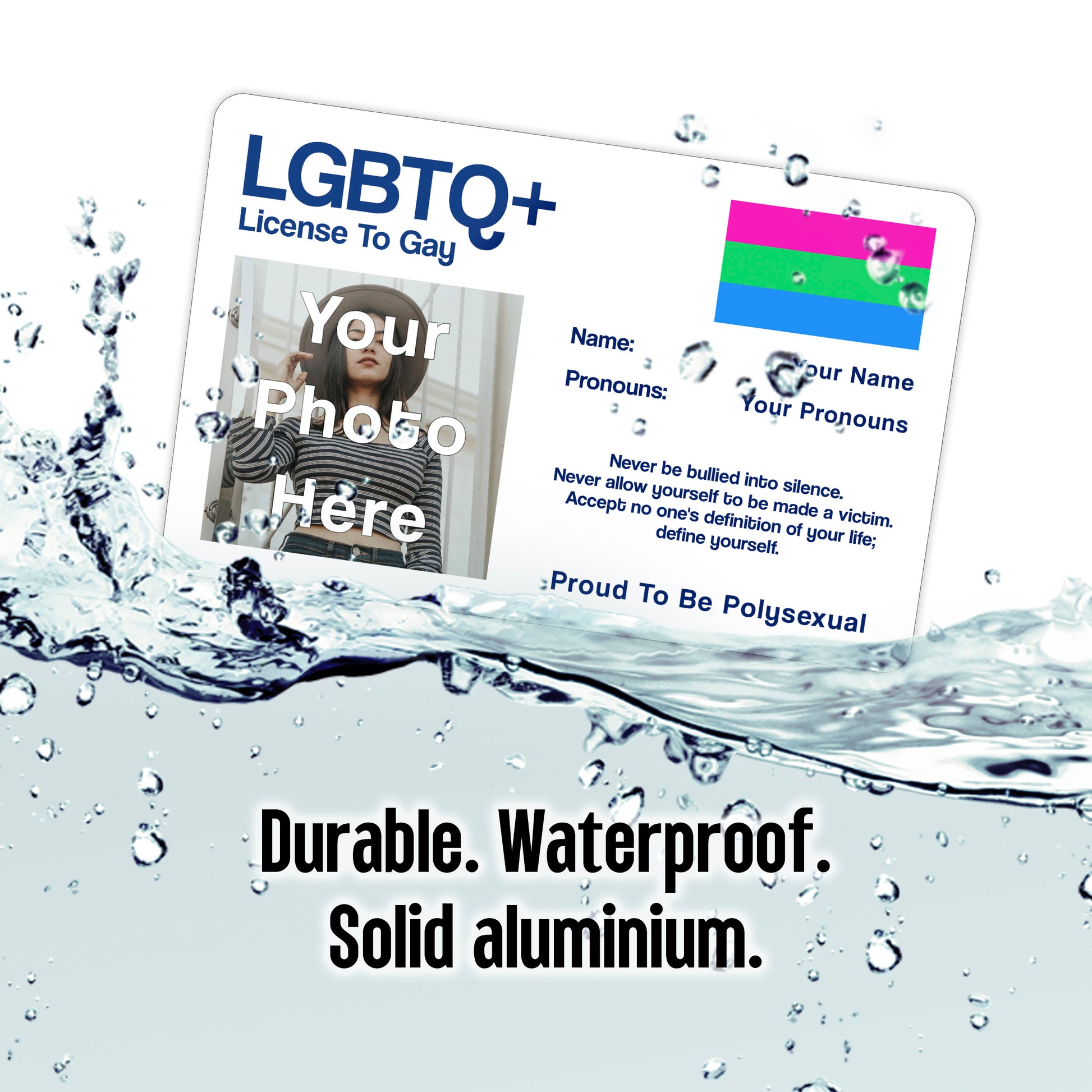 Polysexual license to gay aluminium wallet card personalised with your name, pronouns, and photo