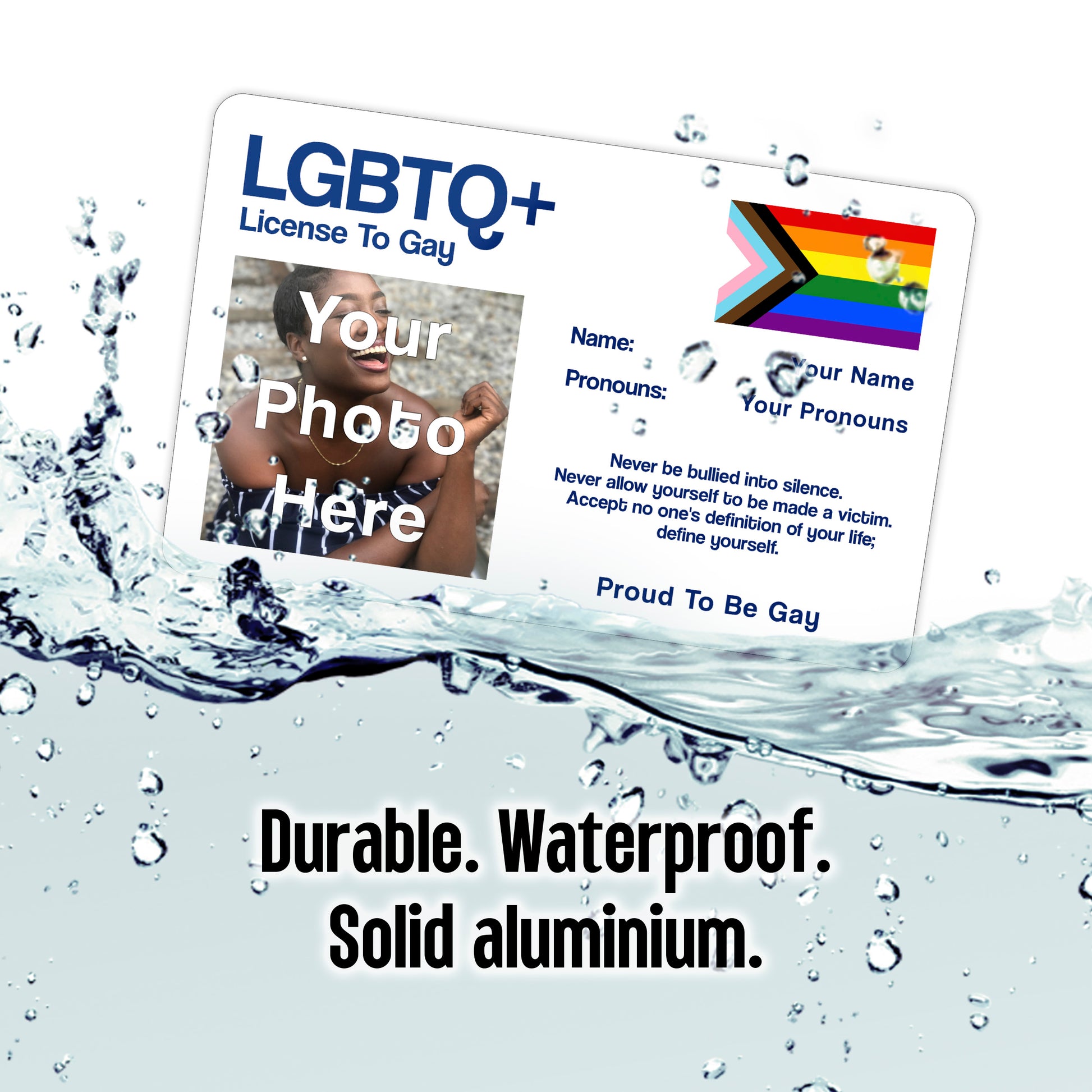 Progress pride license to gay aluminium card personalised with name pronouns and photo