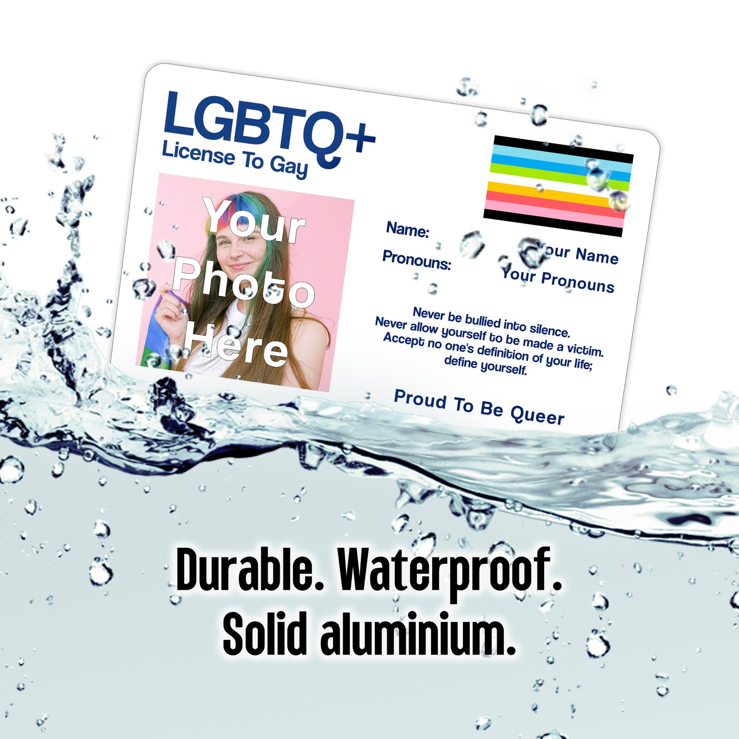 Queer Pride License To Gay aluminium wallet card personalised with your name, pronouns, and photo