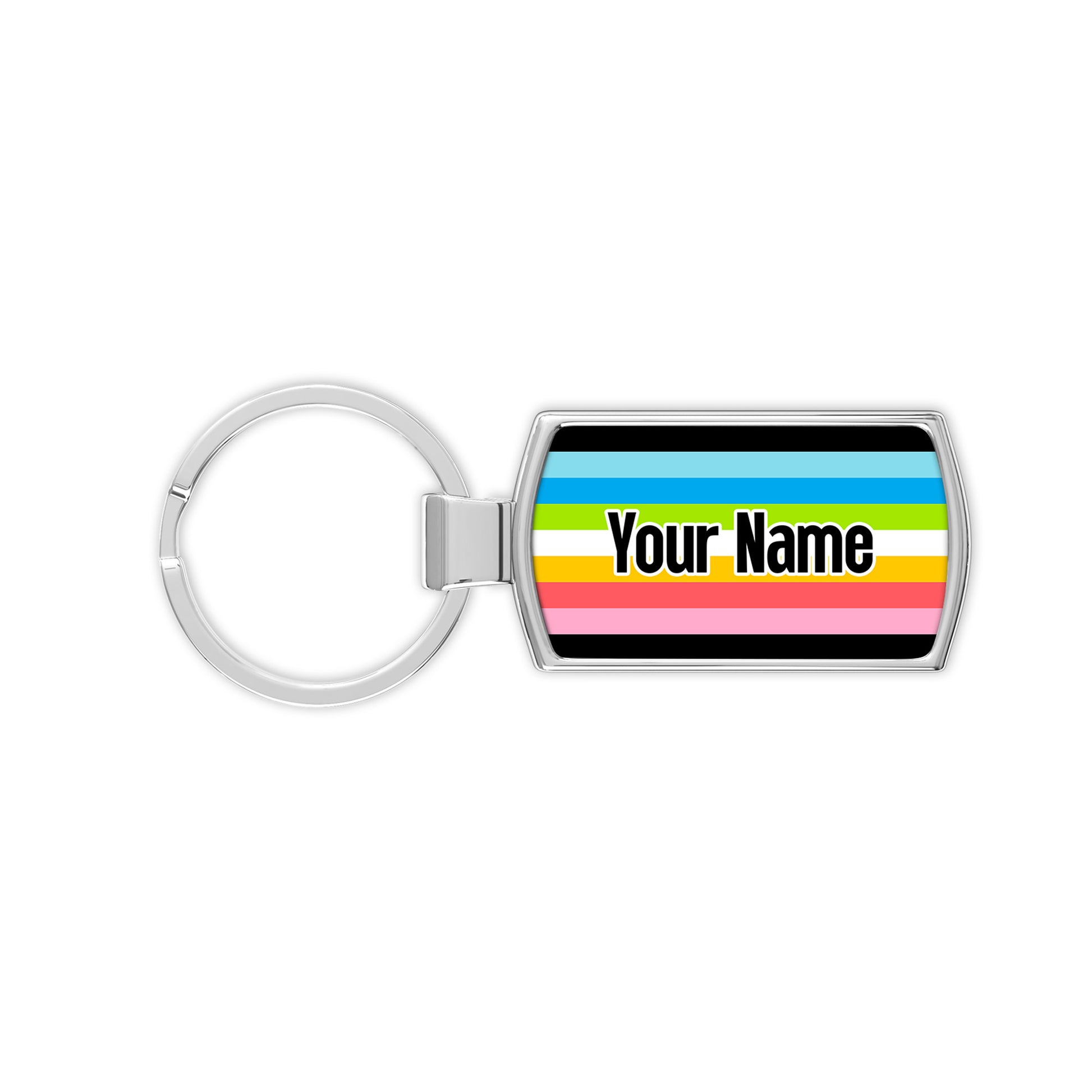 Queer pride flag metal keyring personalised with your name