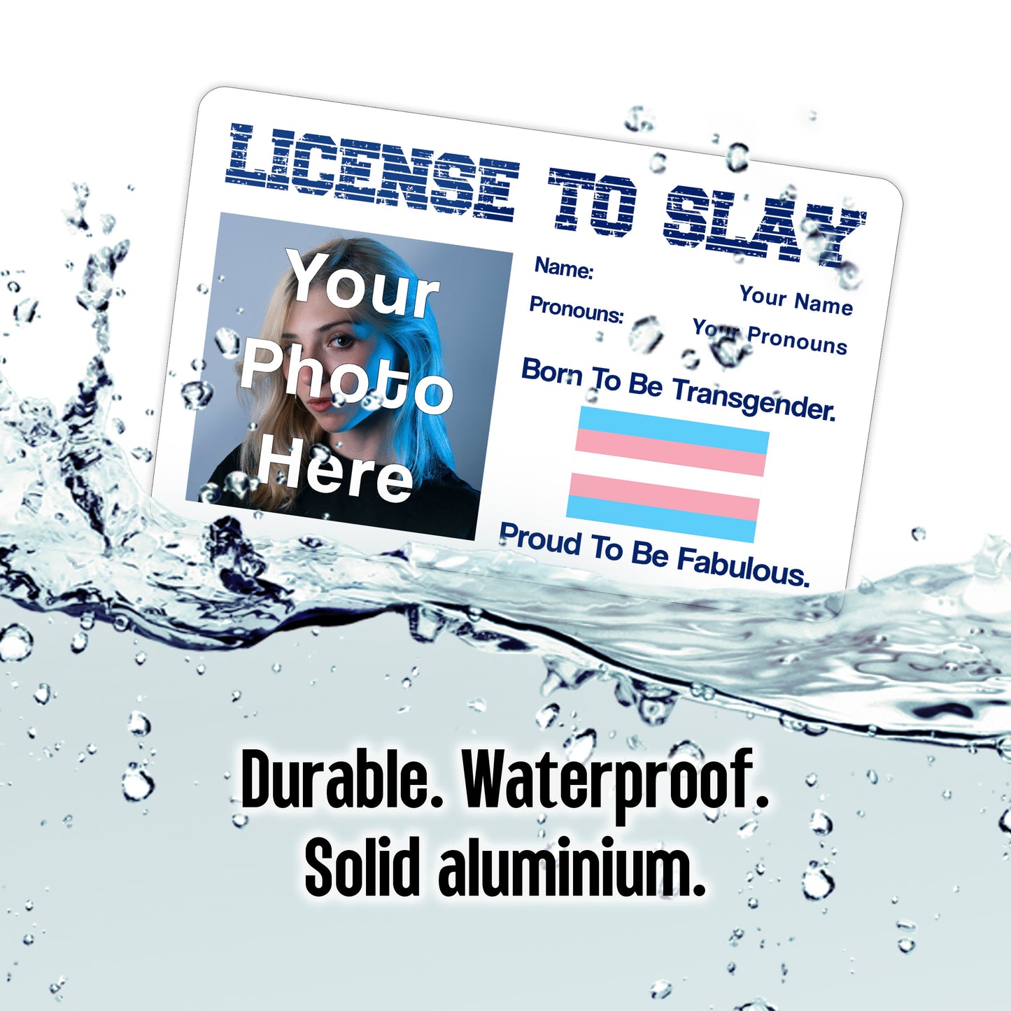 License to slay aluminium wallet card personalised with your name pronouns photo and the transgender pride flag