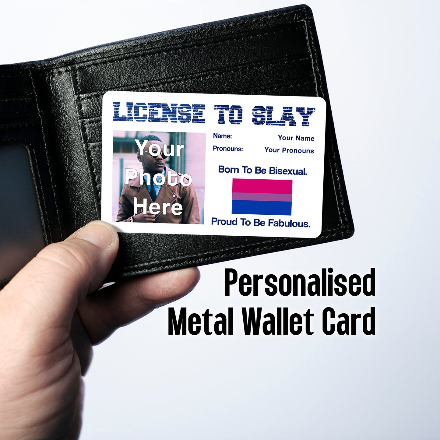 License to slay aluminium card personalised with your name pronouns photo and the bisexual pride flag