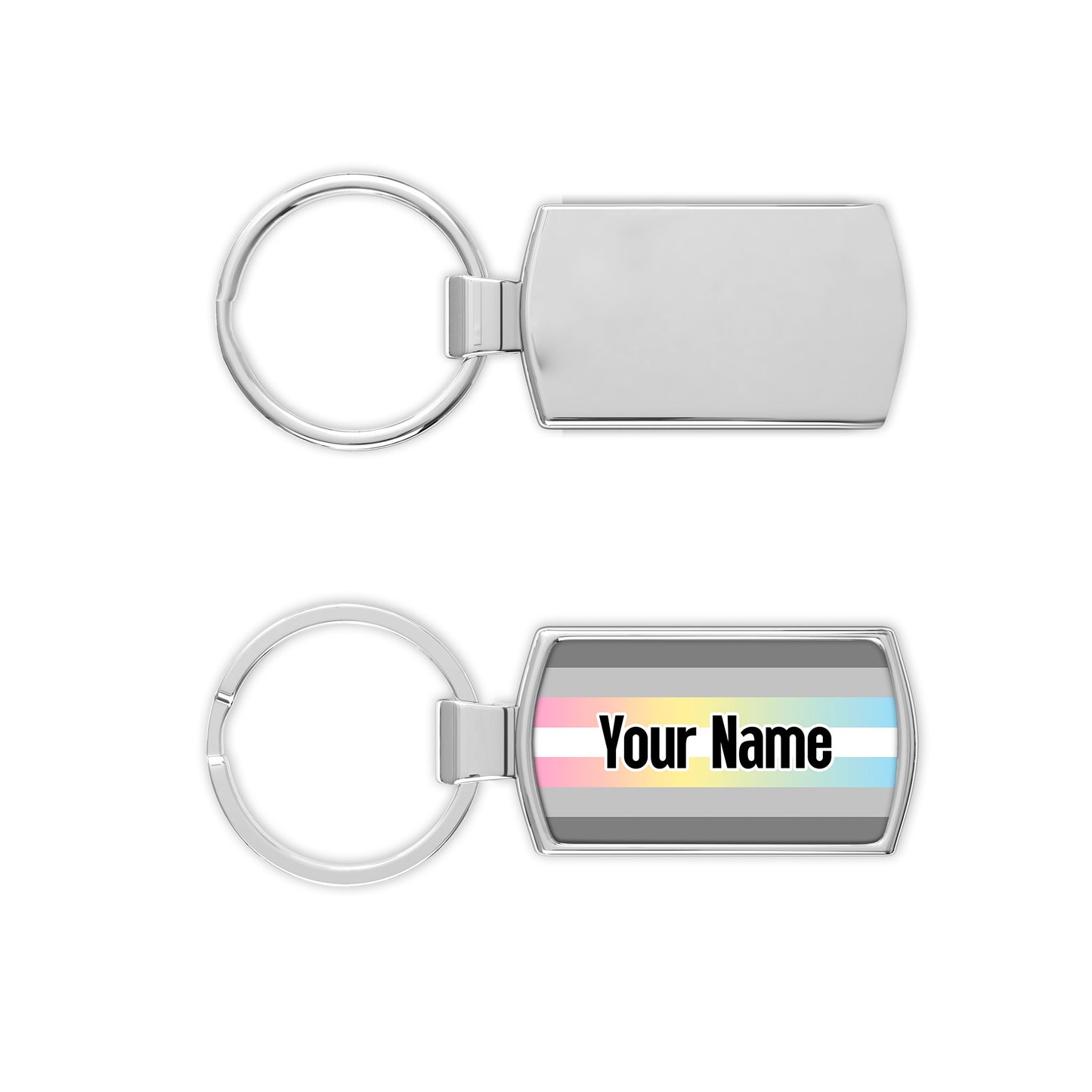 Demiflux pride flag metal keyring that comes personalised with your name