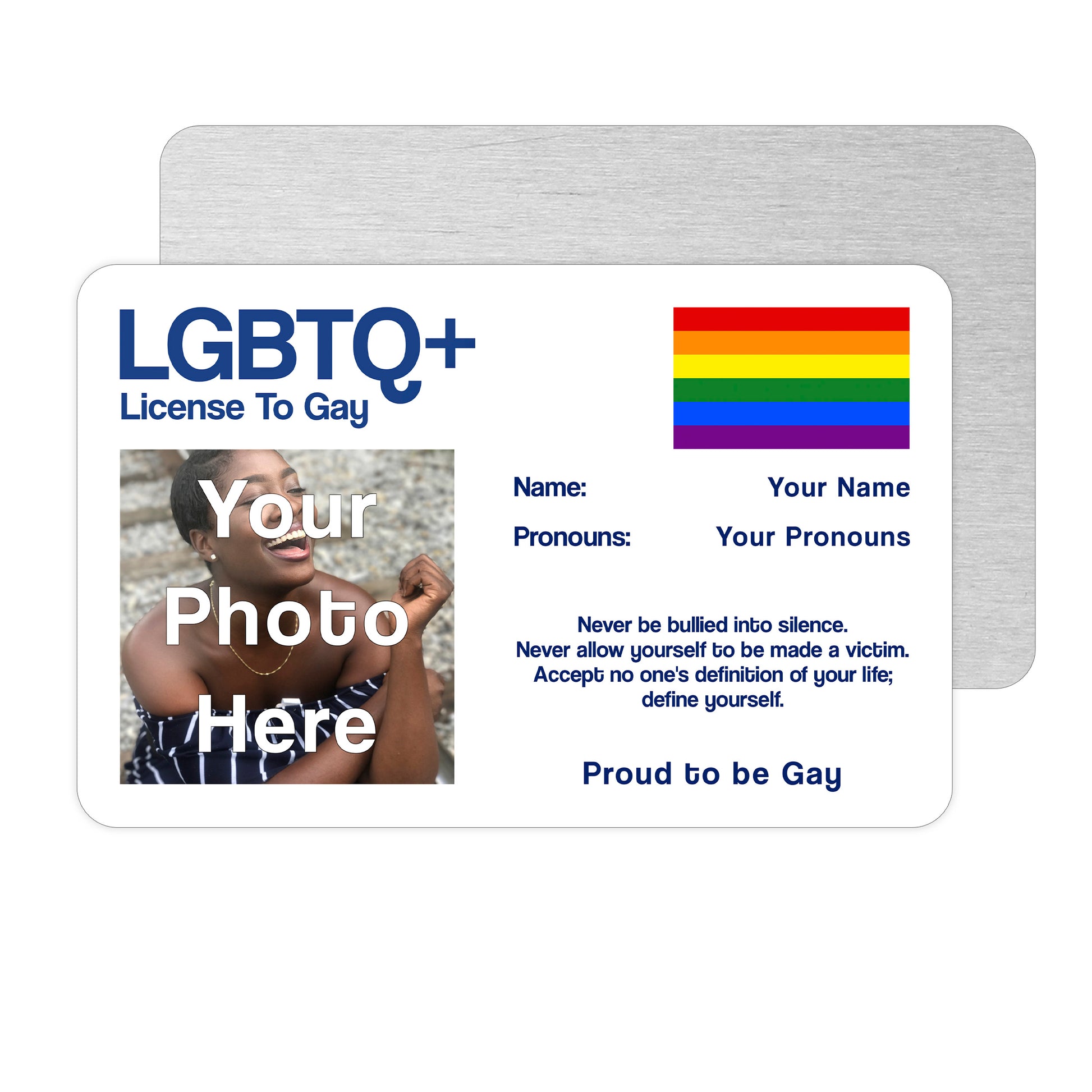Aluminium novelty License To Gay wallet card personalised with your photo, name, pronouns, and the classic gay pride rainbow pride flag