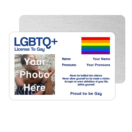 Aluminium novelty License To Gay wallet card personalised with your photo, name, pronouns, and the classic gay pride rainbow pride flag