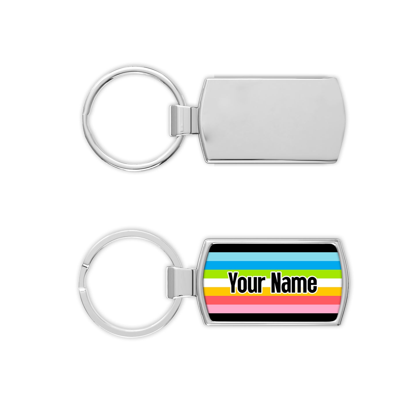 Queer pride flag metal keyring personalised with your name