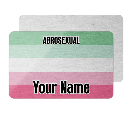 Aluminium metal wallet card personalised with your name and the abrosexual pride flag