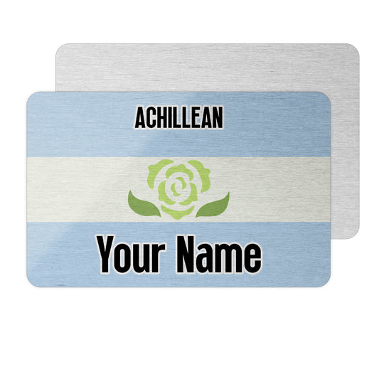 Aluminium metal wallet card personalised with your name and the achillean pride flag
