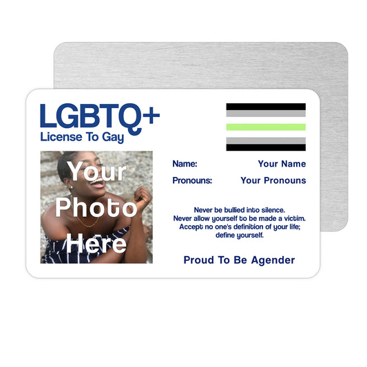Agender license to gay aluminium wallet card personalised with your name, pronouns and photo