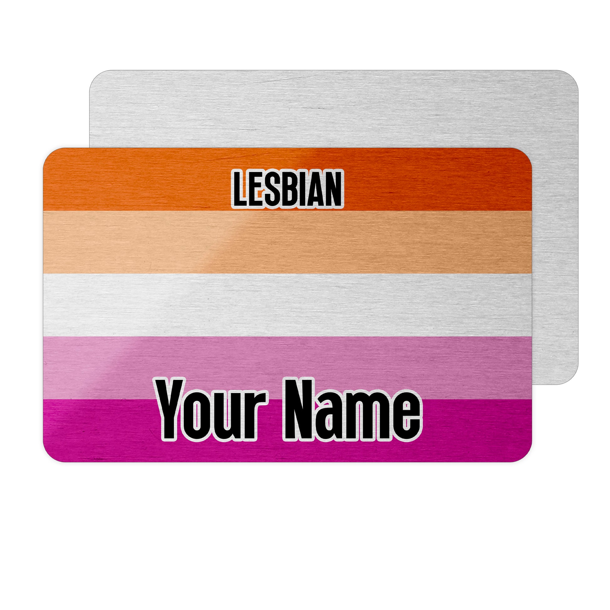 Aluminium metal wallet card personalised with your name and the lesbian pride flag