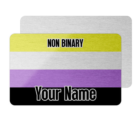 Aluminium wallet card personalised with your name and the non binary pride flag