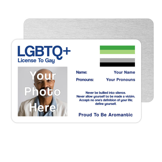 Aromantic license to gay aluminium wallet card personalised with your name, pronouns, and photo