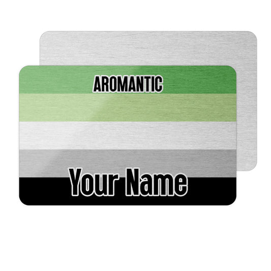 Aluminium wallet card personalised with your name and the aromantic pride flag