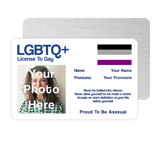 Asexual License To Gay aluminium wallet card personalised with your name, pronouns, and photo