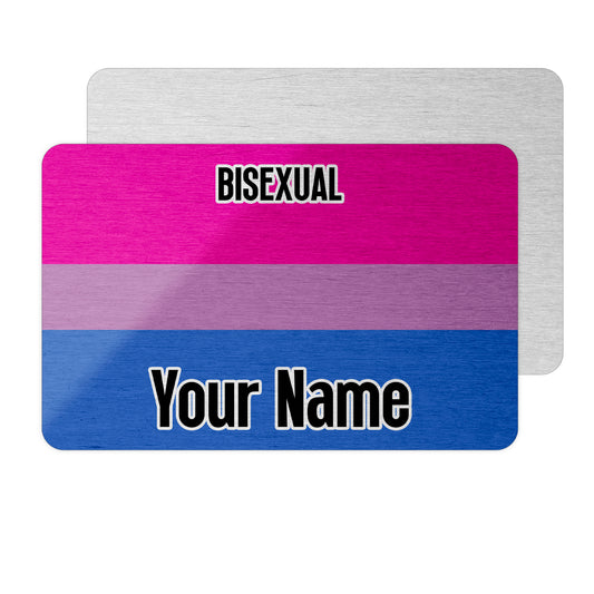 Aluminium metal wallet card personalised with your name and the bisexual pride flag