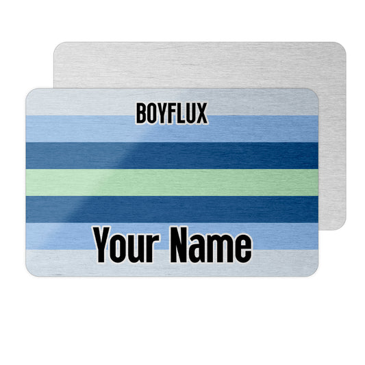 Aluminium wallet card personalised with your name and the boyflux pride flag