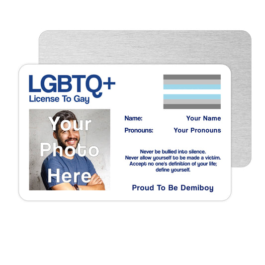 Demiboy license to gay aluminium wallet card personalised with your name, pronouns, and photo