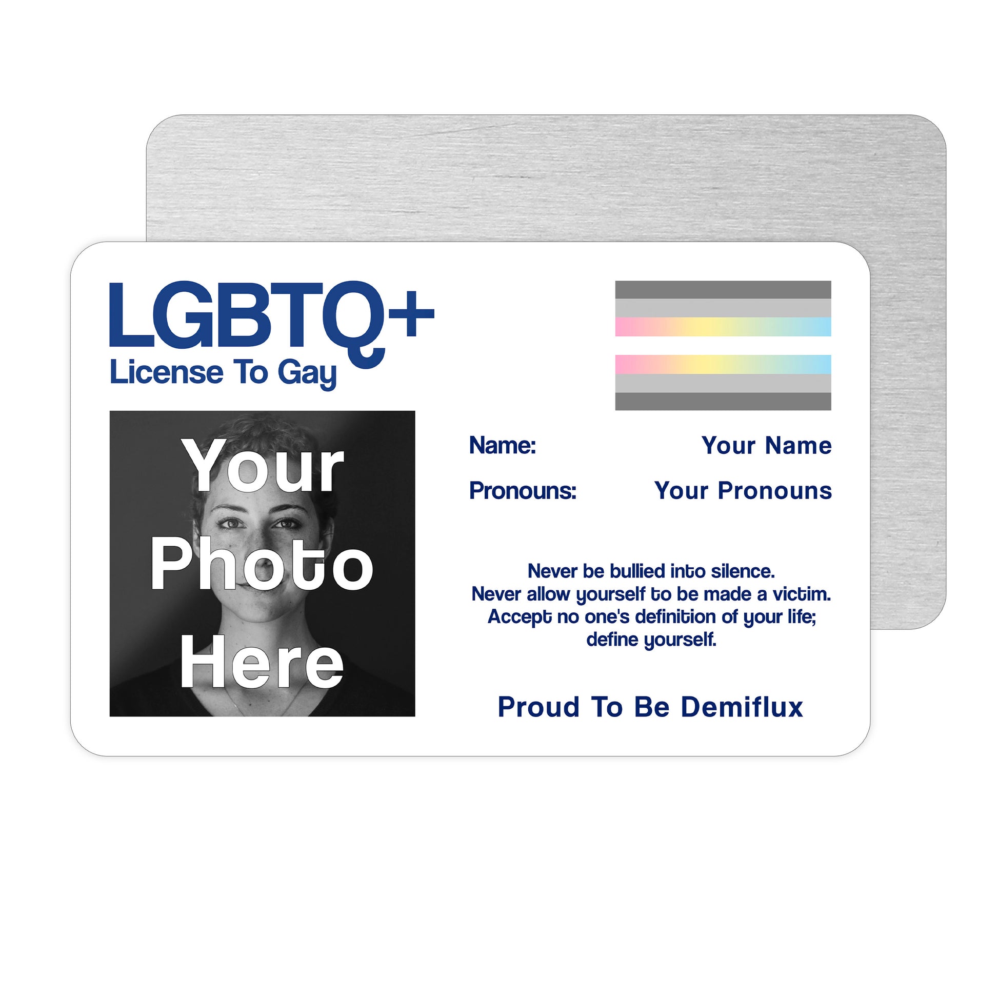 Demiflux license to gay aluminium wallet card personalised with your name pronouns and photo