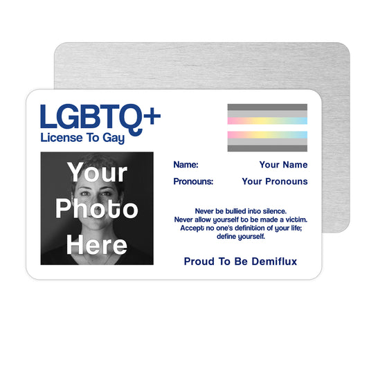 Demiflux license to gay aluminium wallet card personalised with your name pronouns and photo