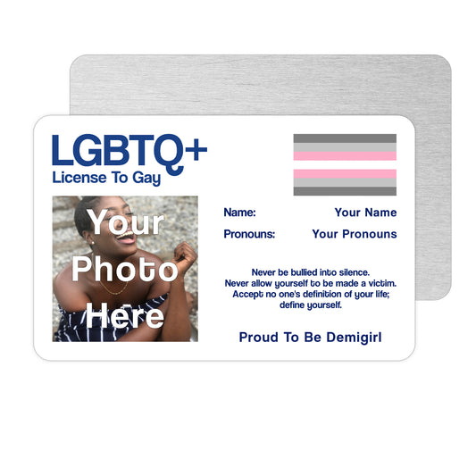 Demigirl license to gay novelty wallet card personalised with your name, pronouns and photo