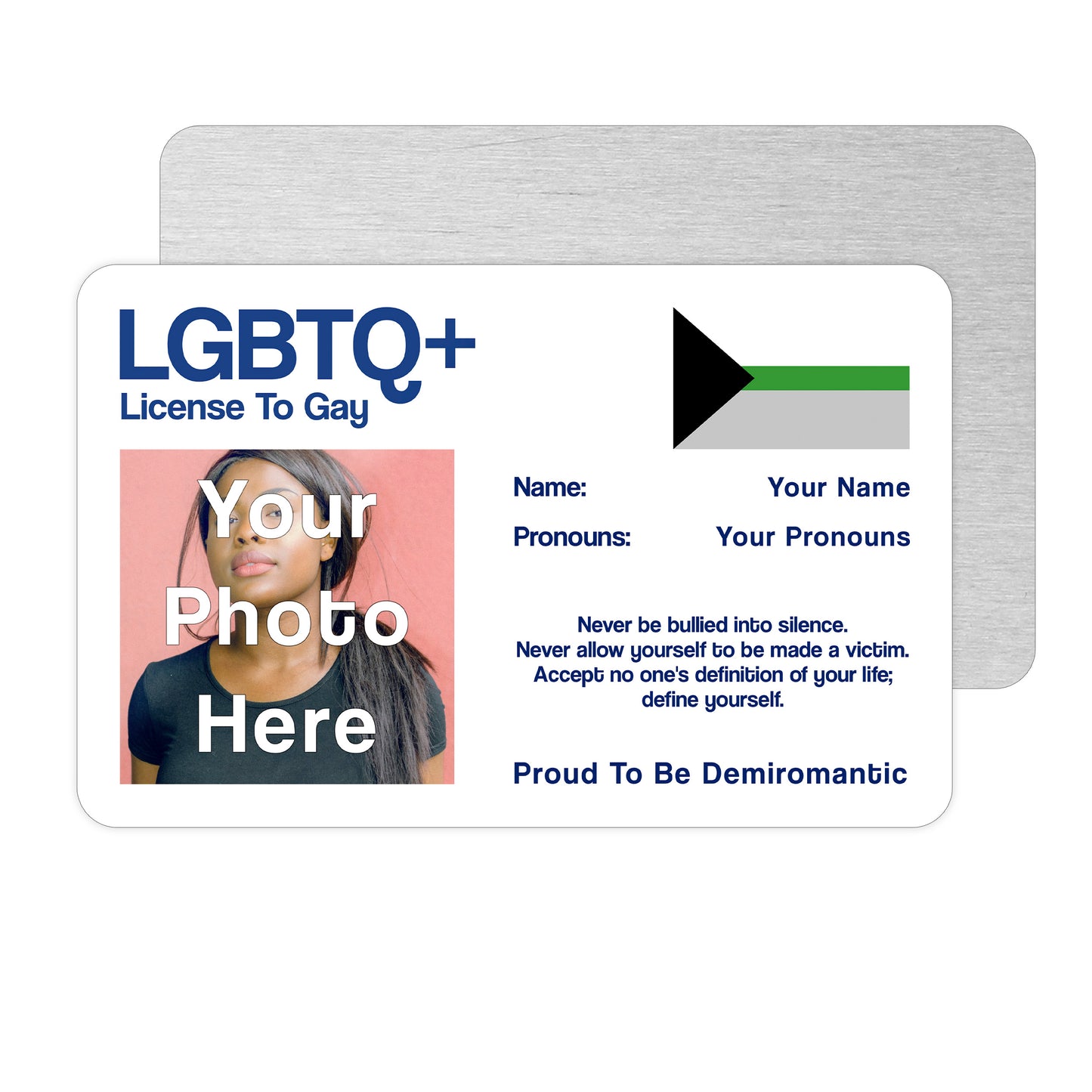 Demiromantic license to gay aluminium wallet card personalised with your name, pronouns and photo