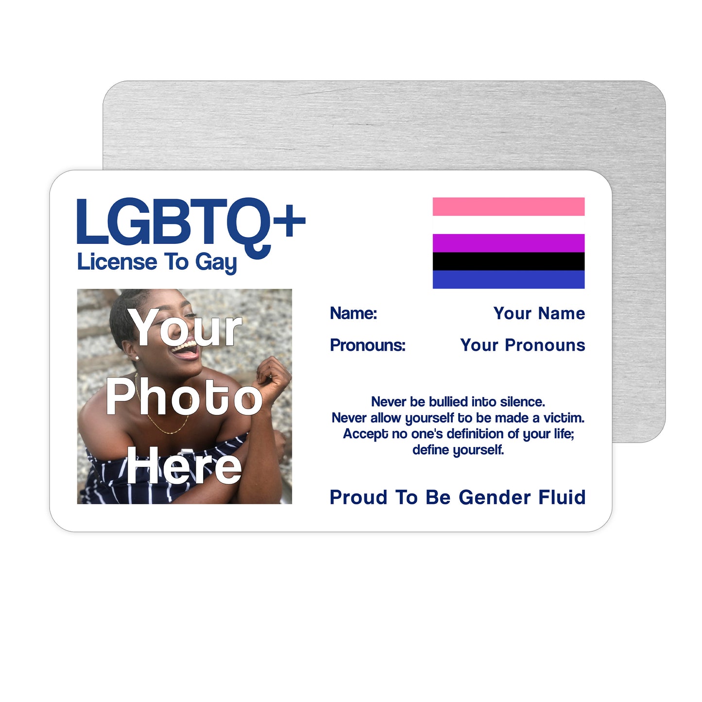 Gender Fluid License To Gay aluminium wallet card personalised with your name, pronouns, and photo