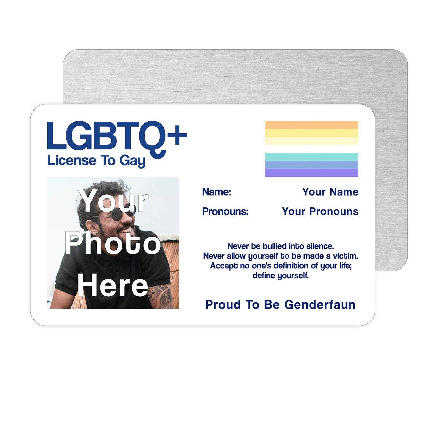 Genderfaun license to gay aluminium wallet card personalised with your name, pronouns and photo