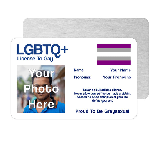 Greysexual license to gay aluminium wallet card personalised with your name, pronouns and photo