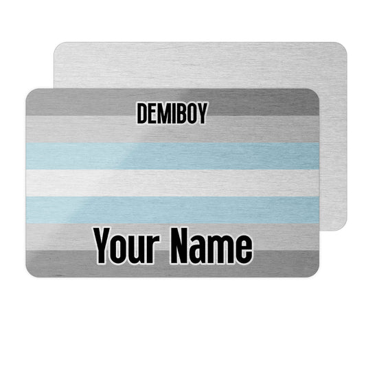 Aluminium wallet card personalised with your name and the demiboy pride flag