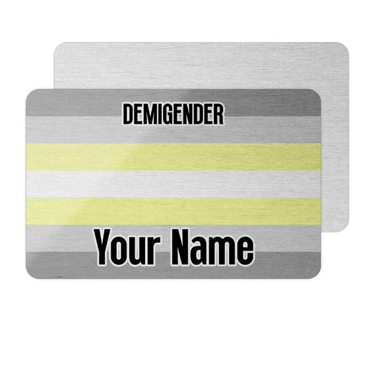 Aluminium wallet card personalised with your name and the demigender pride flag