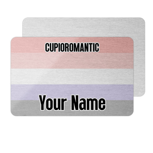 Aluminium wallet card personalised with your name and the cupioromantic pride flag